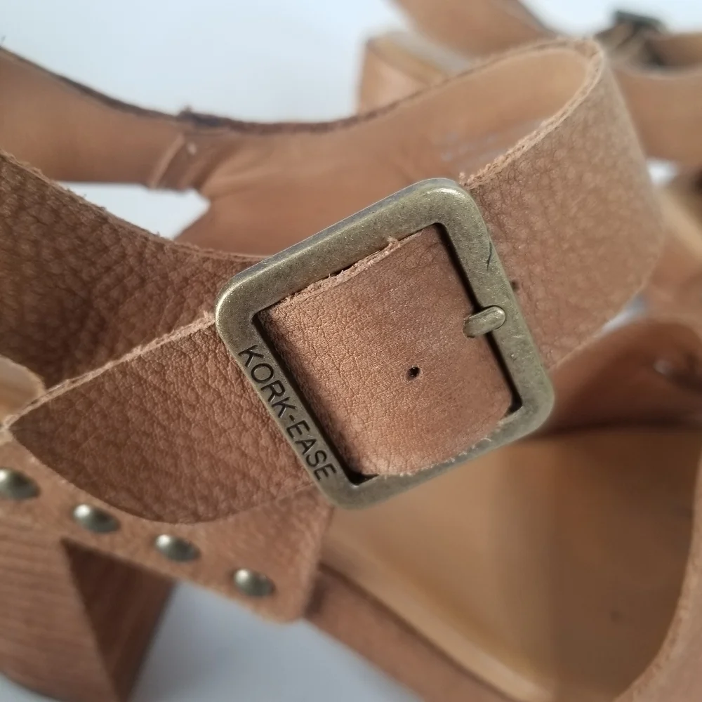 Kork-Ease Passilla Block Heel Platform Leather Sandals Size 7 Tan Studded